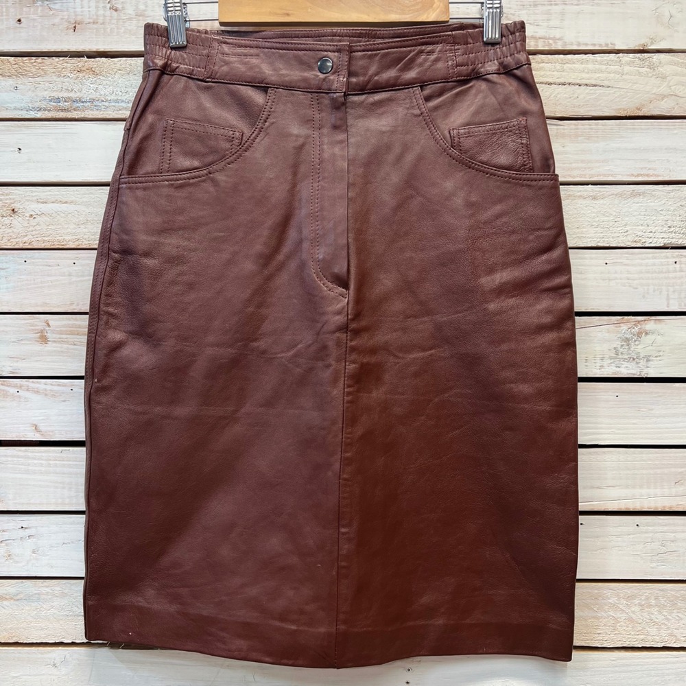 Vintage Excelled Brown Leather Pencil Skirt High Waisted Size 10